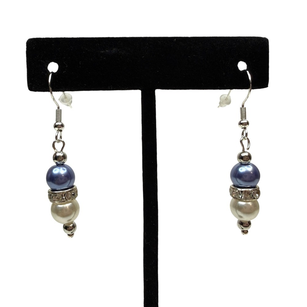 S925 Sterling Hook Faux Blue Pearl Rhinestone Dangle Drop Earrings Jewelry 2 in